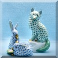 P21. Herend fishnet fox and bunny porcelain figurines. 